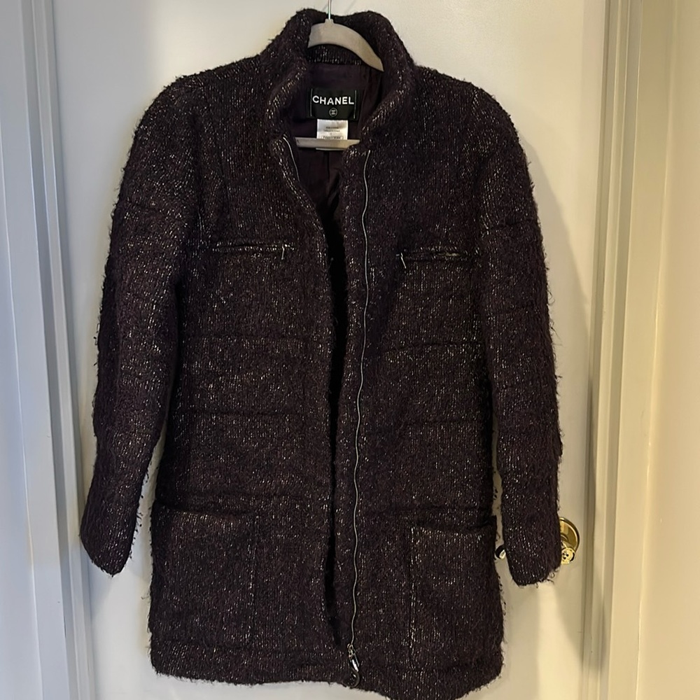 CHANEL winter jacket tweed buffer style size 40 color brown